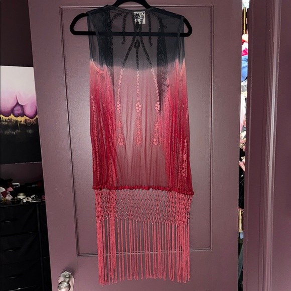 Black/pink/red FP fringe Kimono - Picture 4 of 4